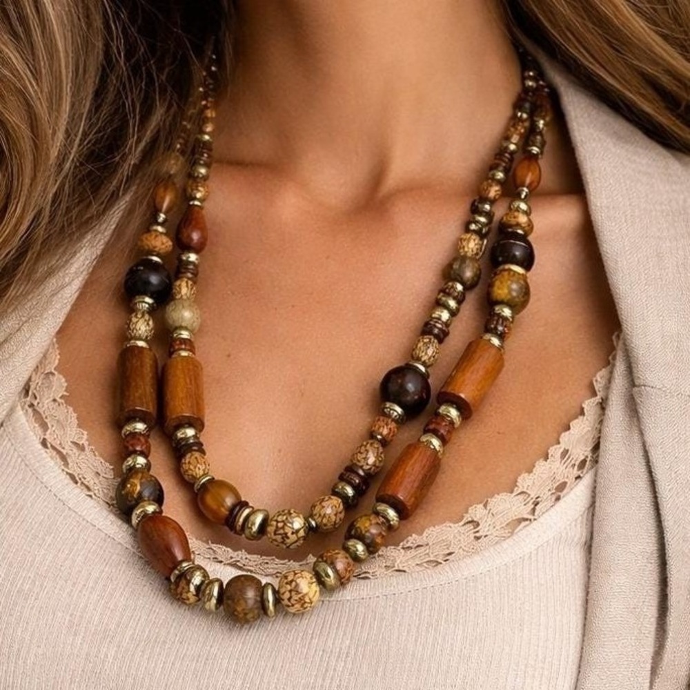 Vintage Boho Double Strand Wood Bead Necklace Mixed Media Earth Tone Statement